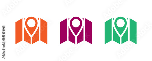 Colorful map icons featuring a location pin symbol representing navigation and travel routes