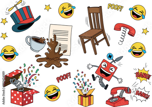 Whimsical cartoon illustration of a chaotic and fun scene with popping confetti, a splattered coffee cup, a jumping robot, and laughing emoji faces
