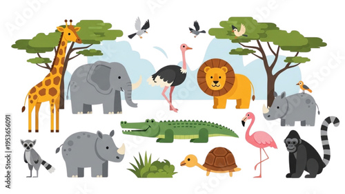 Various animals gathered in a savannah environment with trees and plants.