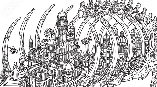 Fantastical monochrome cityscape emerging from the ancient bones of a giant creature, a meticulously drawn world of imaginative architecture and airborne wonders