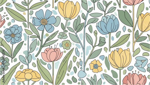 Colorful illustration of various flowers and leaves on a white background
