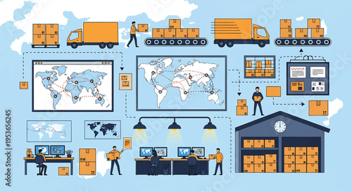 Global Logistics and Supply Chain Management with Warehouse and Delivery Trucks.