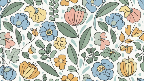 Vibrant floral pattern features various colorful flowers and leaves on white background