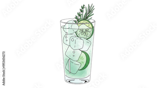 Refreshing mojito cocktail with ice and lime in glass