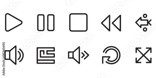 Modern rounded stroke media icons pack with essential playback buttons and unique menu list display design