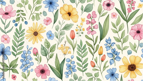 Colorful flowers and leaves are arranged in a beautiful floral pattern on fabric