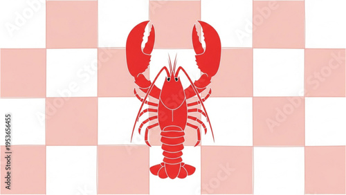 A vibrant red lobster illustration on a white background with pink checkered pattern