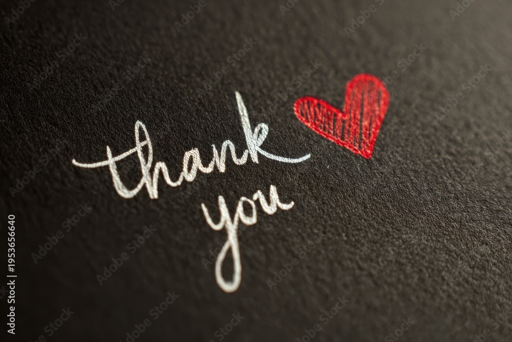 Fototapeta premium Monochrome black paper with a vivid red heart and handwritten 'thank you' message