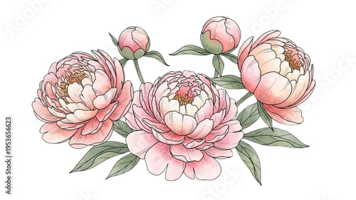 Vibrant pink peonies bloom with lush green leaves on stems