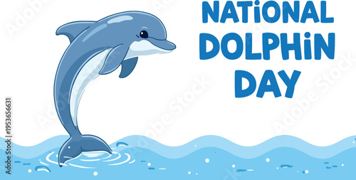   
National Dolphin Day vector illustration with dolphin jumping from ocean waves and bold text for marine life awareness event