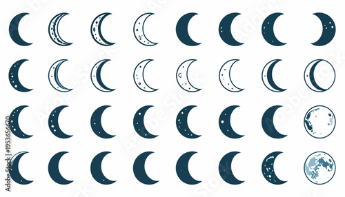 Moon Phases Lunar Cycle Icons Set.