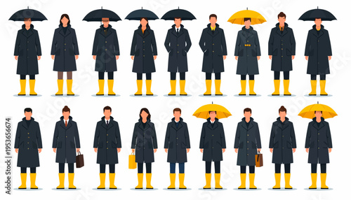 People wearing raincoats and boots.