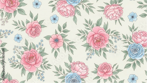 The floral pattern features pink and blue flowers with green leaves on a cream background.