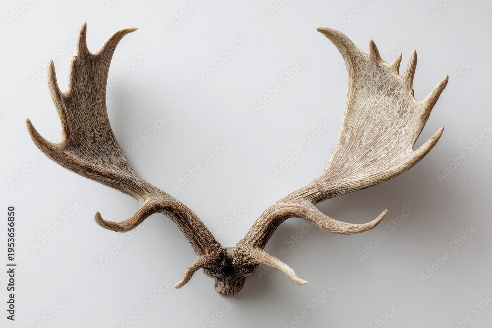 Fototapeta premium Moose antlers mounted on a white background in studio lighting