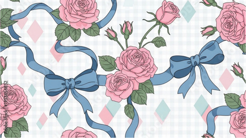 Roses and bows decorate a fabric with pink flowers and ribbons