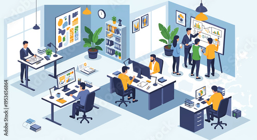 Isometric view of a modern office with people working and collaborating.