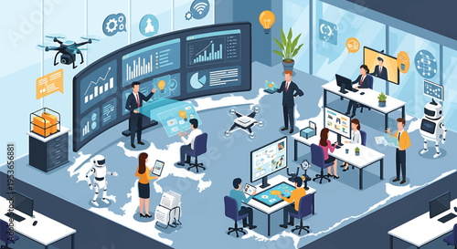 Isometric view of a modern data center with people and technology.