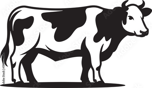 Black and white illustration of a standing dairy cow showing clear spot markings and udder detail for farming or food industry visuals.