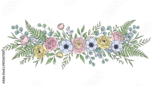A vibrant floral arrangement of pink roses, yellow flowers, blue blooms, green ferns, and leaves