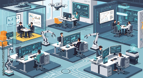 Isometric view of a modern office with people working on computers and robots assisting.