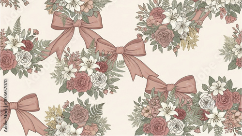 Vintage floral pattern with bows and roses on cream background