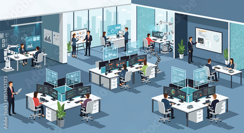 Isometric view of a modern office with people working and interacting.
