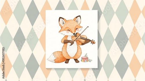 A cute cartoon fox plays the violin on a colorful argyle background with a cake.