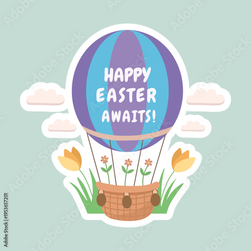 Happy Easter Hot Air Balloon Illustration with Spring Flowers and Clouds