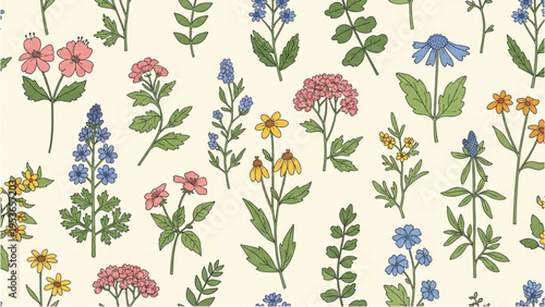 Vibrant flowers and leaves are scattered across a field of greenery in a beautiful floral pattern outdoors