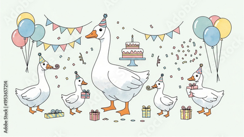 Goose family celebrates birthday with colorful balloons and gifts indoors