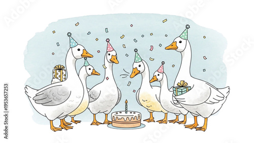 Geese celebrate birthday with cake outdoors in party hats