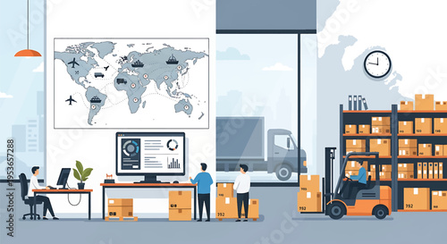 Logistics and supply chain management with global map and workers.