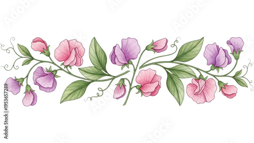 Pink and purple roses with green leaves on a floral vine arrangement