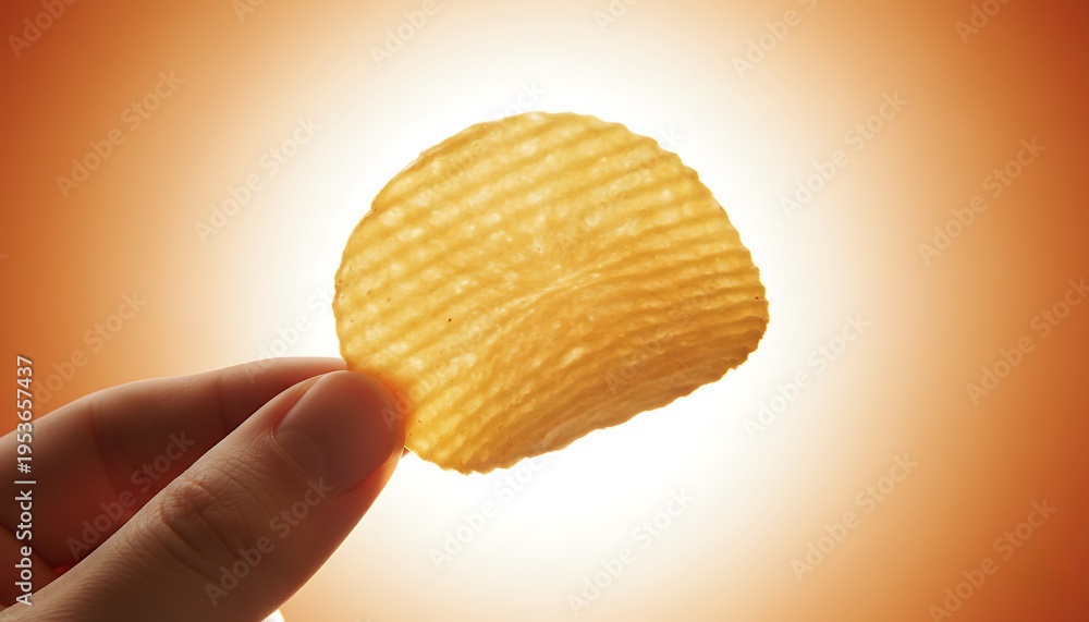 Fototapeta premium A single potato chip held between thumb and index finger