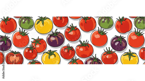Colorful illustration of various tomatoes and eggplants on display