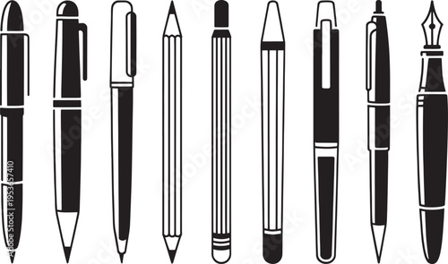 Eight various writing implements such as felt tip markers, ballpoint pens, and mechanical pencils arranged in two horizontal rows for design purposes on a stark white background.