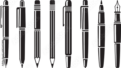 Collection of eight distinct black and white writing instruments including ballpoint pens, mechanical pencils, and a fountain pen depicted vertically against a white backdrop.