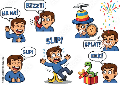 Funny cartoon character expressions and comic book sound effects depicting various humorous situations like slipping, surprise, and laughter