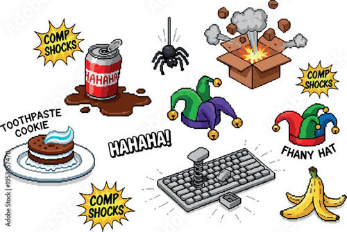 A whimsical collection of funny and absurd cartoon illustrations, including a exploding box, a soda can, and a jester's hat, perfect for adding a touch of humor