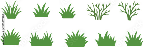 Colorful Doodle Icons, Bush Hedge Set, Grass Illustrations, and Red Explosion Fire Effects Vector Pack