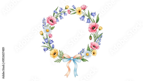 A floral wreath with pink roses, yellow flowers, and blue blooms tied with a ribbon.