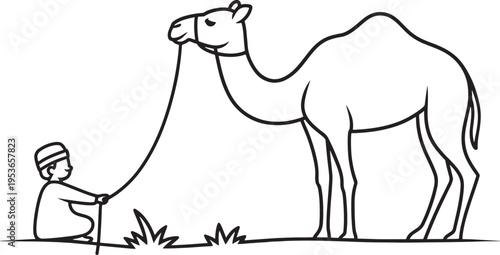 Small Muslim child wearing traditional headwear sits while holding the lead rope attached to a large, standing Bactrian camel in a sparse outdoor setting.