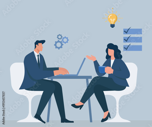 Flat vector illustration of business professionals collaborating at a desk with a laptop, discussing new ideas, task checklists, and workflow processes, Business Collaboration and Teamwork