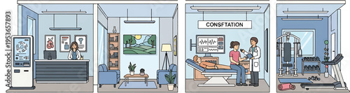 Modern Hospital Interior with Reception Waiting Area Consultation Room and Examination Room.