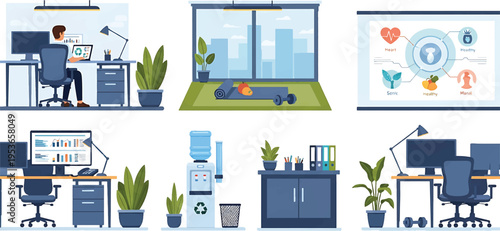 Modern Office and Home Workspace Elements with Fitness and Data Visualization.