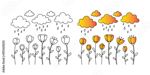 Coloring page of rainy day flowers with colorful clouds and petals