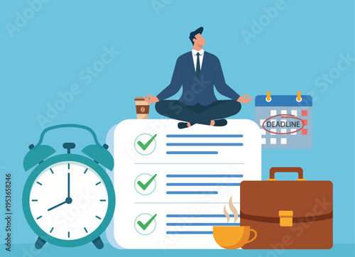 Calm businessman meditating on a giant checklist with a clock and deadline calendar, representing stress-free time management in a flat vector illustration, Stress-Free Productivity