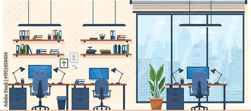 Modern Office Interior with Desks Chairs and City View.