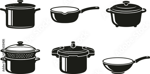 Cooking Pots Icon Vector Set | Kitchen Cookware Pan Utensil Symbol Collection Black Isolated on White