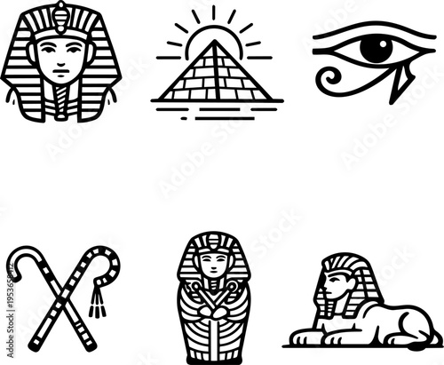 Ancient Egypt symbols culture history line icons
